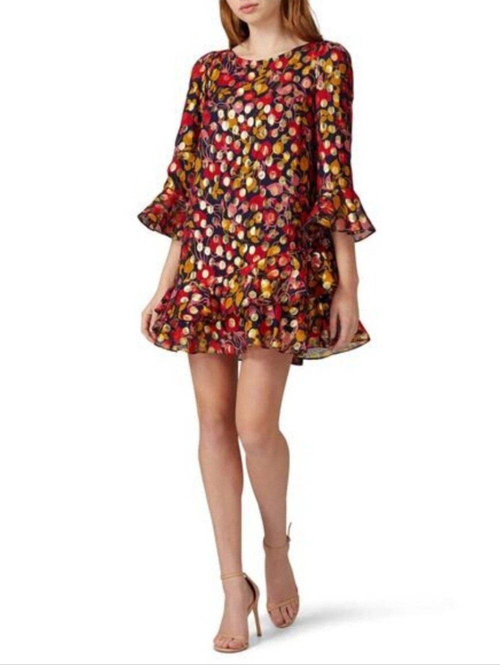 Saloni Marissa Silk Blend Mini Dress w/Gold Metallic and Ruffles Sz. 0